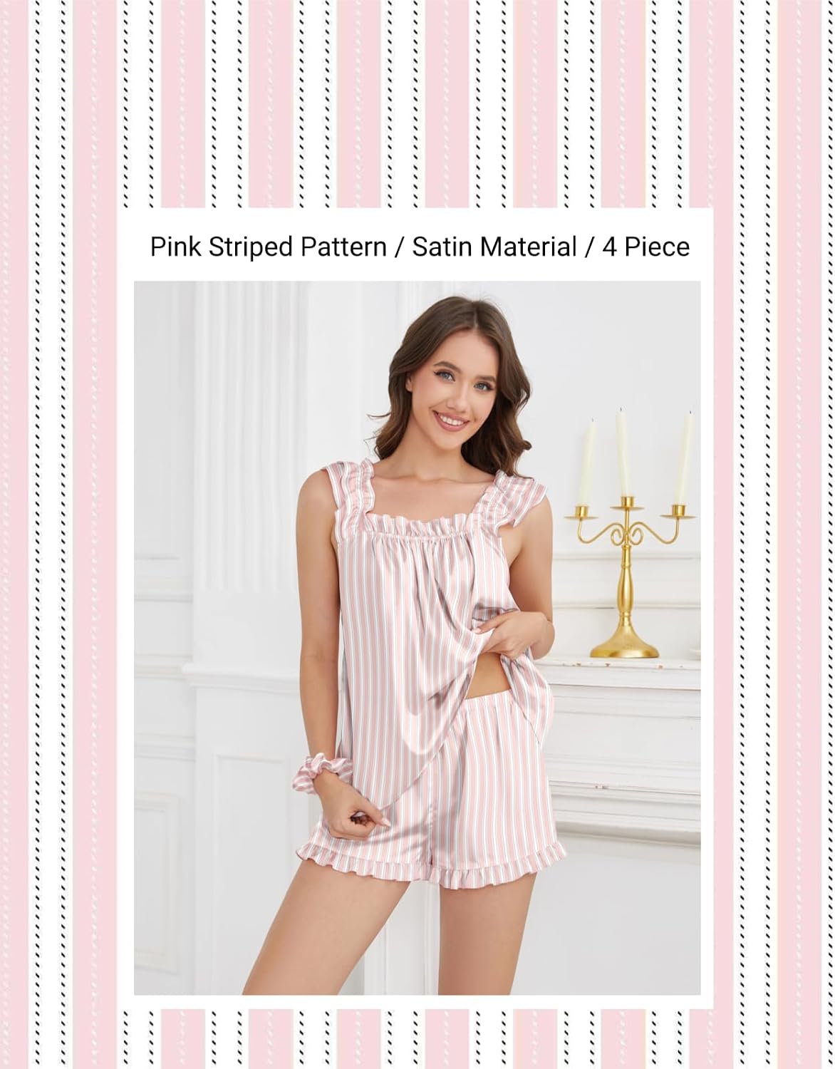 Satin Pajama Set for Women - Soft Ruffle Sleepwear with Scrunchies