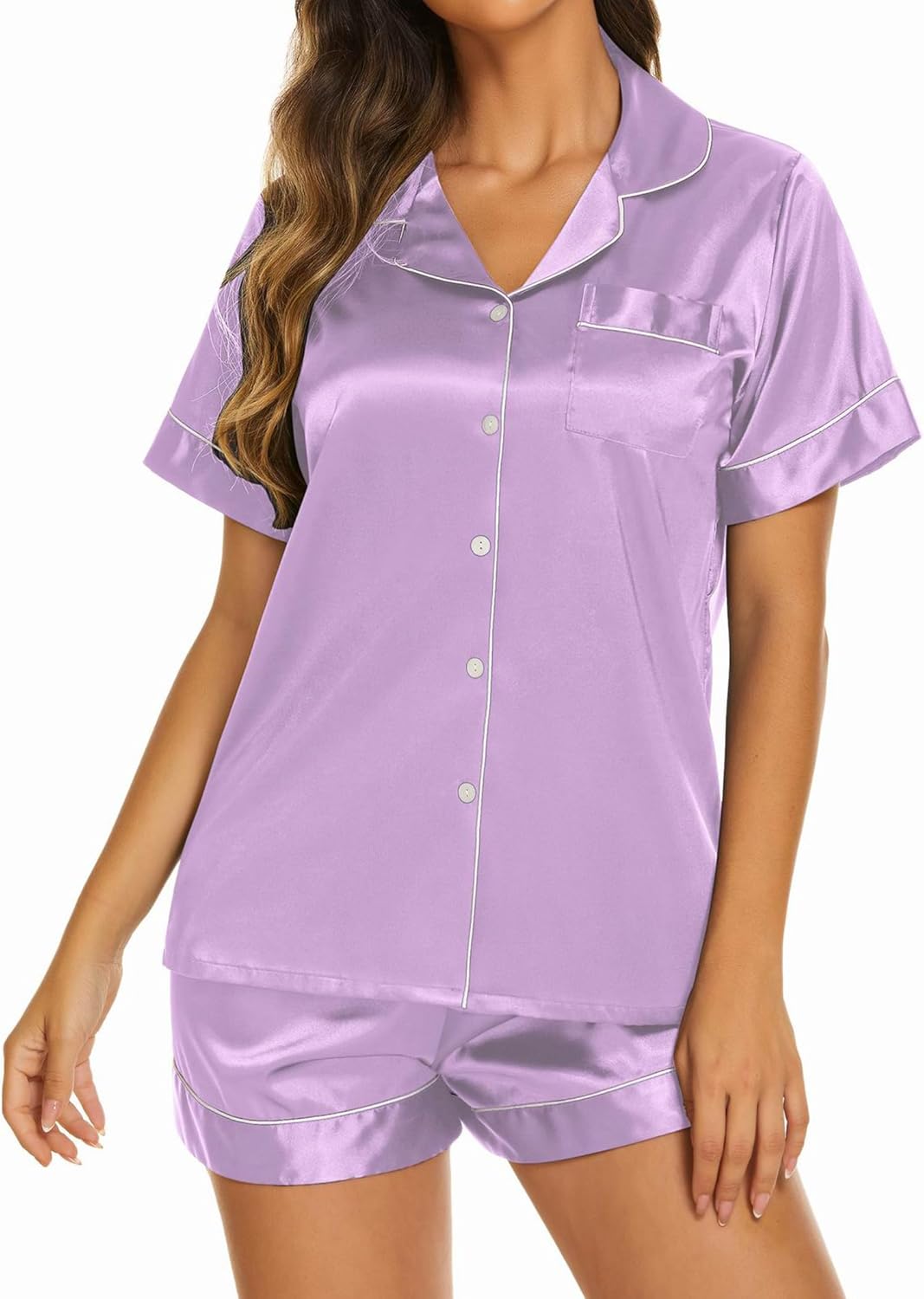 Satin Pajamas for Women - Short Sleeve Button Down Sleepwear Set