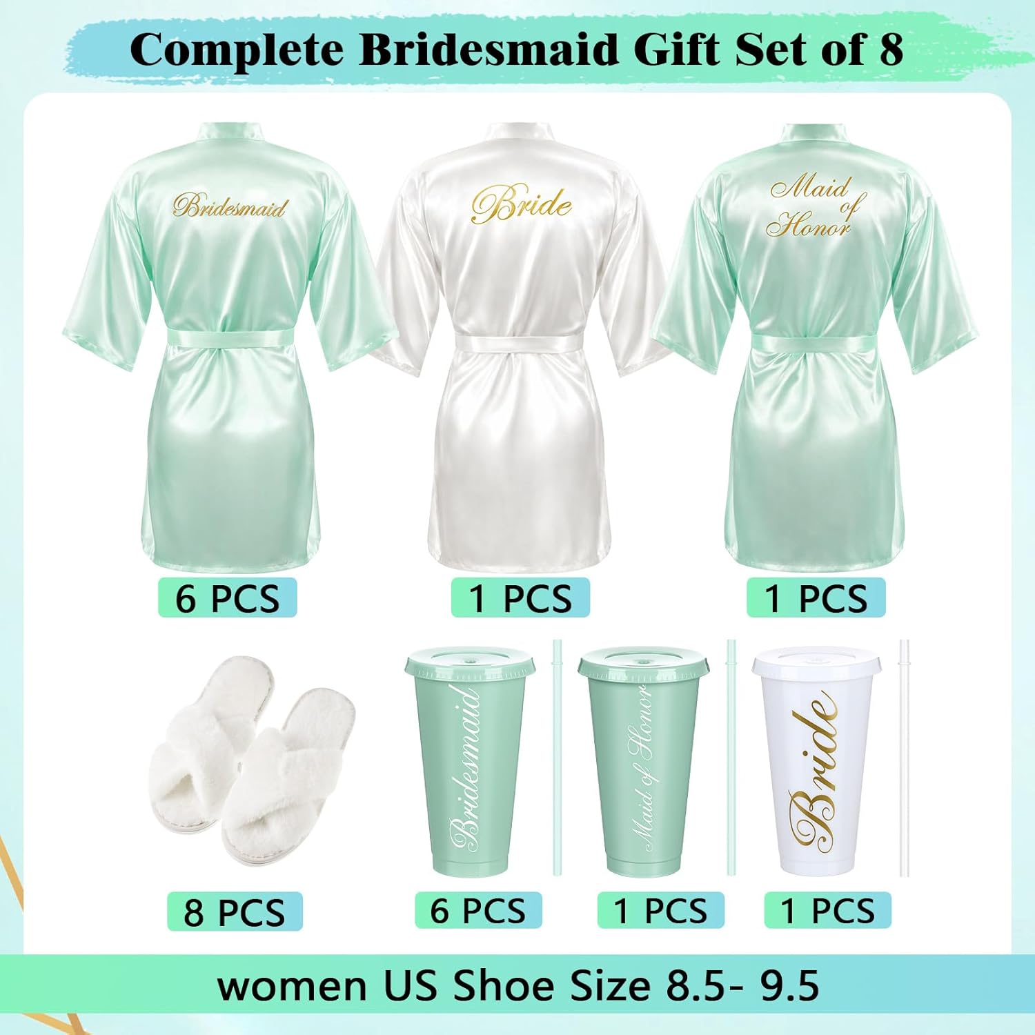 Satin Bridal Robes Set of 8 with Slippers & Cups for Bachelorette